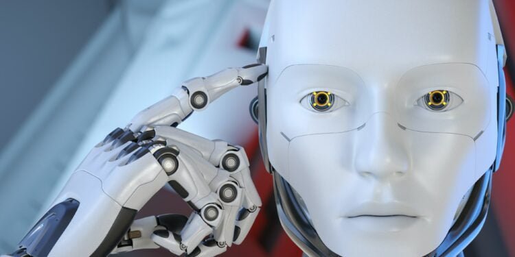 The robot put his finger to the head